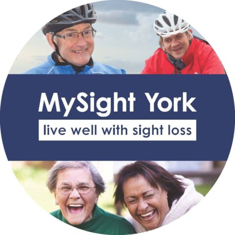 MySight York's circle logo which includes the text MySight York live well with sight loss, in the centre. Above and below are images of two people smiling at the camera.