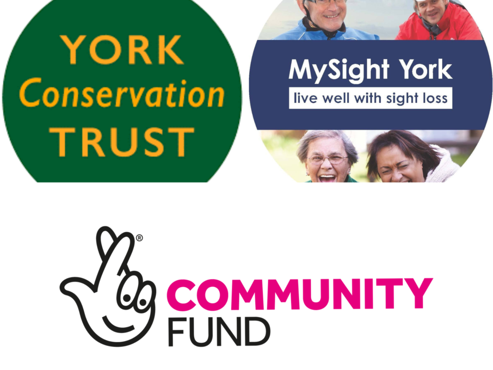 Three logos, two are at the top. The first logo, on the left, is York Conservation Trust in yellow text inside a green circle. To the right is the MySight York logo in blue and white, inside a circle. Underneath is the Community Fund logo in black and pink.