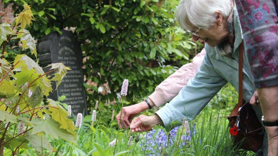 A woman leaning forward touching the grass on a sensory walk.