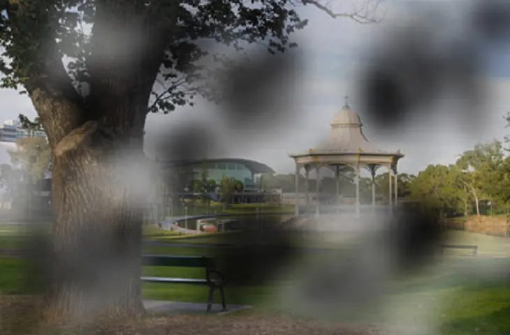 A park scene with a bandstand and large tree, partly obscured by dark blurry patches scattered across the view — simulating the patchy vision loss caused by cataracts.