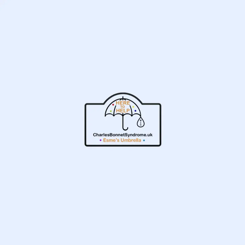 Esme's Umbrella logo: an umbrella with the words "Here to Help" and the website CharlesBonnetSyndrome.uk.