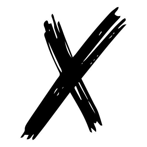 Black brushstroke-style "X" symbol formed by two thick intersecting diagonal lines, with rough uneven edges.