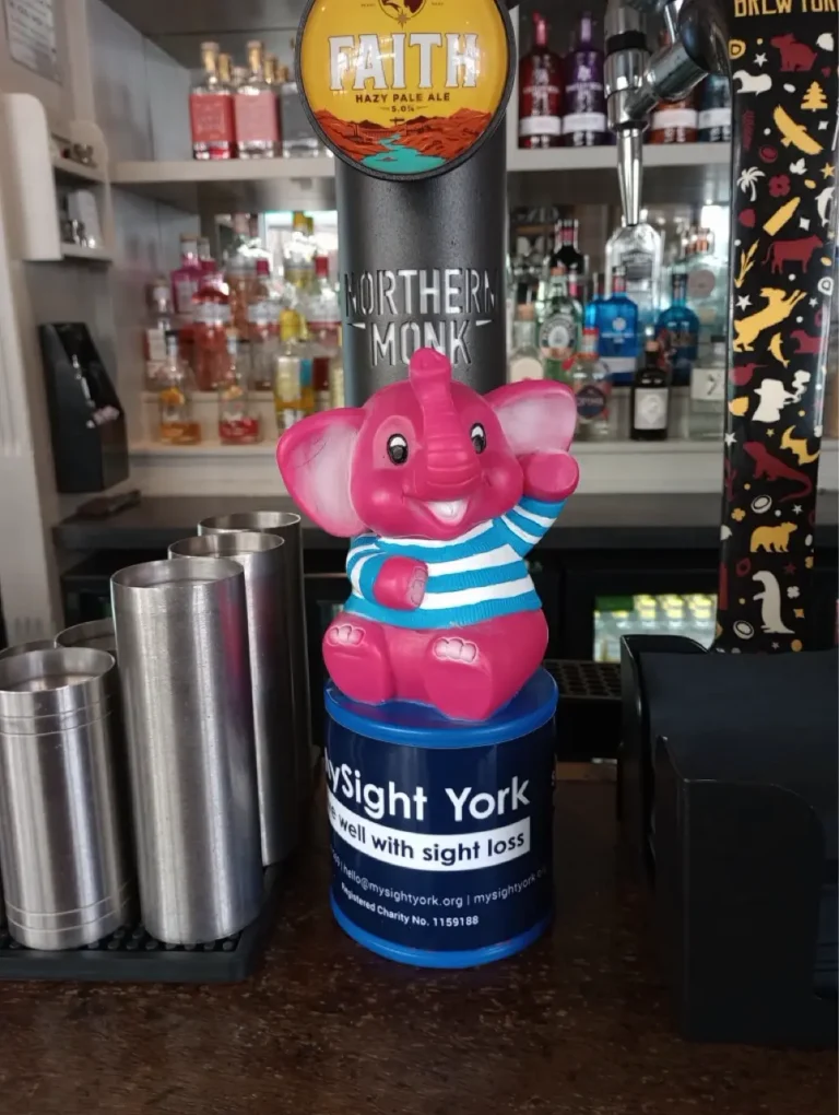 A pink elephant MySight York collection tin sits on a pub bar between the beer taps.