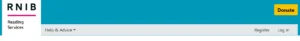 The RNIB Reading Services website header. A yellow Donate button sits at the top right, with a grey navigation bar below containing Help & Advice on the left, and Register and Log in on the right.