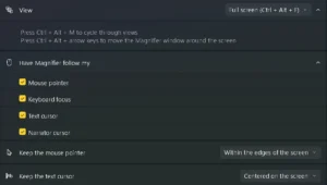 Magnifier settings with the View dropdown set to Full screen (Ctrl + Alt + F). Four options under "Have Magnifier follow my" are all ticked: mouse pointer, keyboard focus, text cursor and Narrator cursor. Dropdowns below set the mouse pointer to stay within the edges of the screen and the text cursor to stay centred.