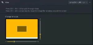 Magnifier settings with the View dropdown set to Lens (Ctrl + Alt + L). A "Change lens size" preview shows a small rectangle inside a larger one, with sliders beside and below it to adjust the lens height and width.