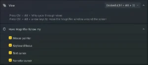 Magnifier settings with the View dropdown set to Docked (Ctrl + Alt + D), and the same four "Have Magnifier follow my" options ticked.
