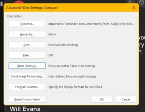 The "Advanced View Settings: Compact" dialog box. Seven buttons run down the left side: Columns, Group By, Sort, Filter, Other Settings, Conditional Formatting and Format Columns. "Other Settings" is selected, described as "Fonts and other Table View settings".