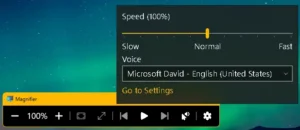 The Magnifier toolbar with the read-aloud settings panel open above it, containing a speed slider set to Normal, a voice dropdown showing "Microsoft David — English (United States)", and a "Go to Settings" link.